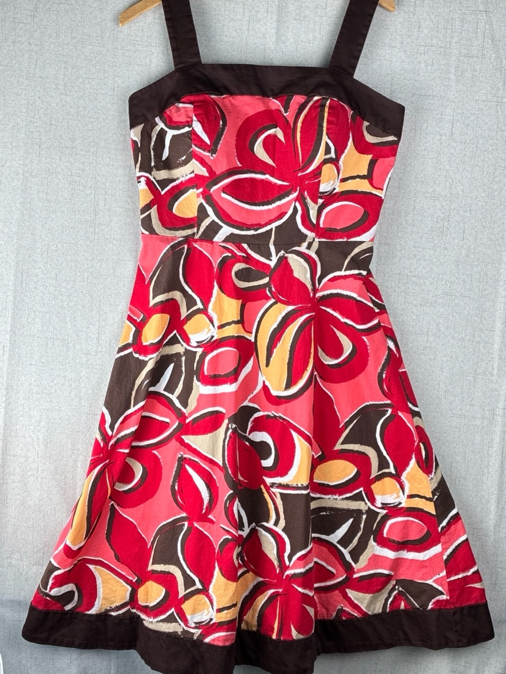 R&K Floral Sundress 10 Aline Midi 60s Mod Abstract Red Coral Brown M L Smocked